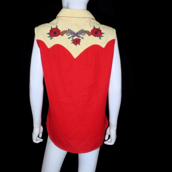 Panhandle Slim Retro Western Shirt Women's XL Red Sleeveless Embroidered Roses - Picture 4 of 6